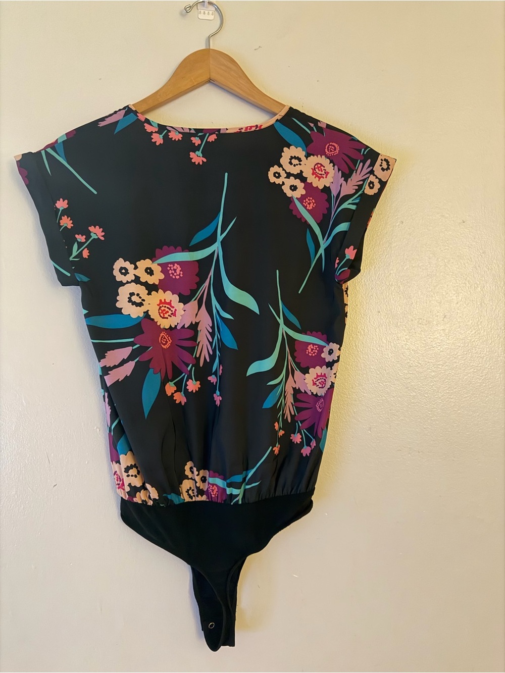 Express Black Floral Cap-Sleeve Bodysuit with Pink and Teal Accents